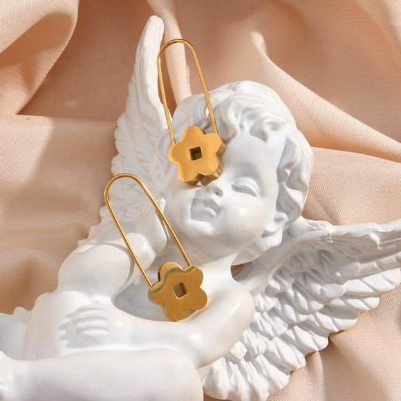 Gold Flower Safety Pin Hoop Earrings 18K Gold Plated - Picture 5 of 10